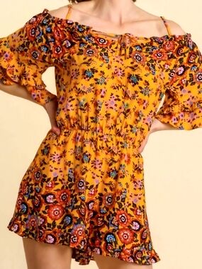 Umgee Yellow Floral Off-Shoulder Romper In Marigold Mix Floral